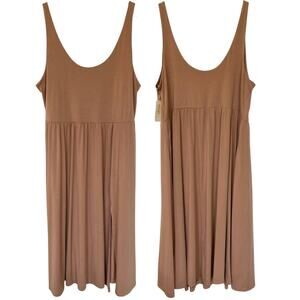 NEW A NEW DAY Midi Dress Scoop Neck Slit Hem Tan Size Large Stretchy Knit Rayon